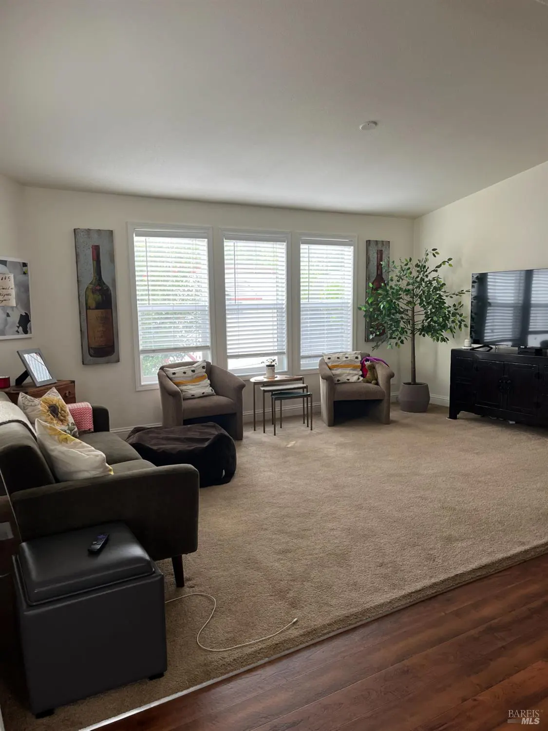 Living room with brown carpet, sofa, two armchairs, and a black TV stand. Three windows with blinds let in natural light. Wine bottle art on the wall.