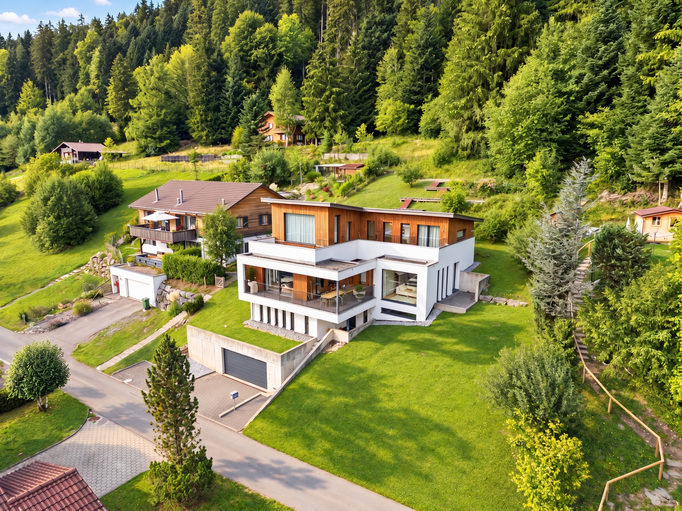 Aerial view of a modern white and wood-paneled house nestled on a lush green hillside surrounded by dense forest. [AI-generated text] [KI-modifiziert]