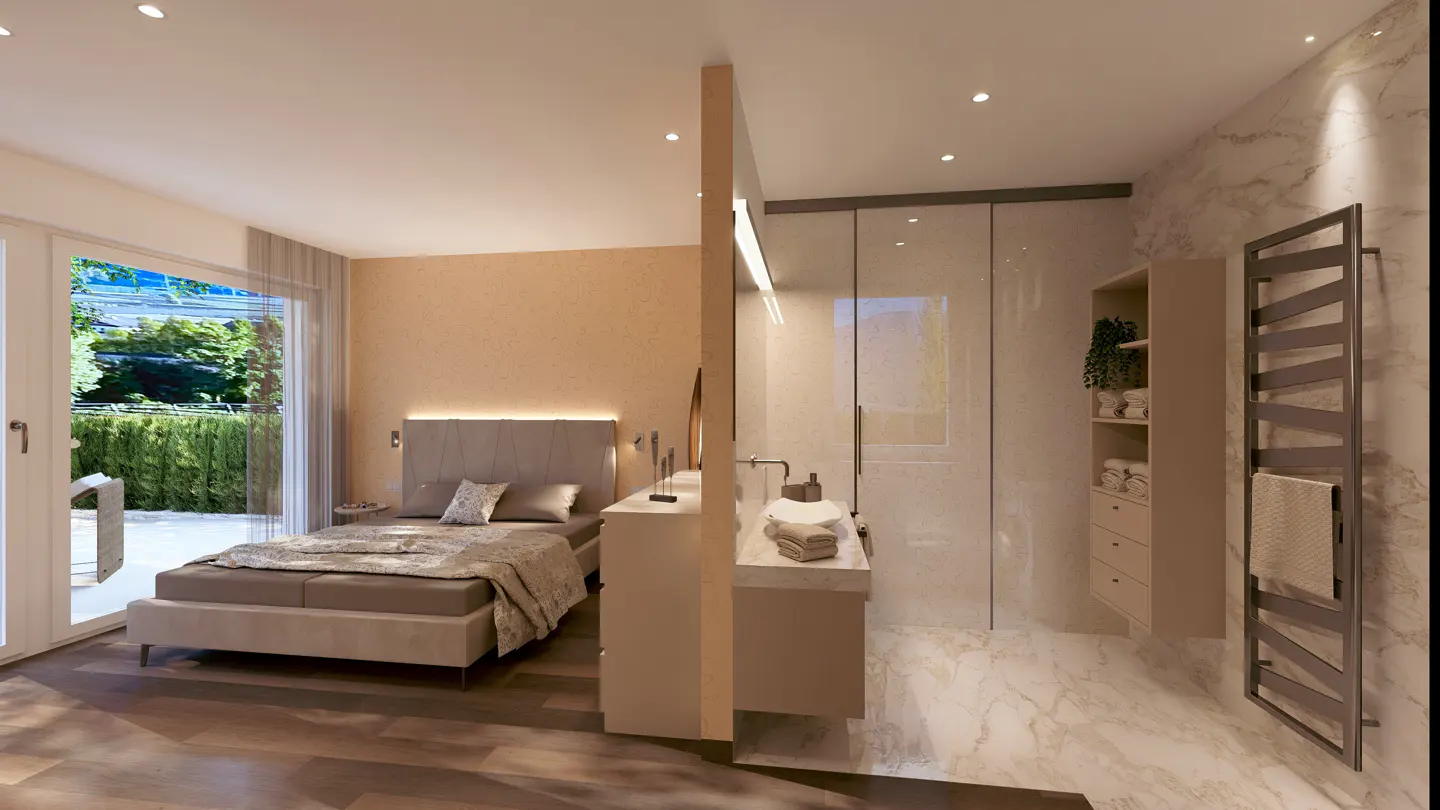 Bedroom and bathroom interior with a bed, sink, shower, and towel rack.