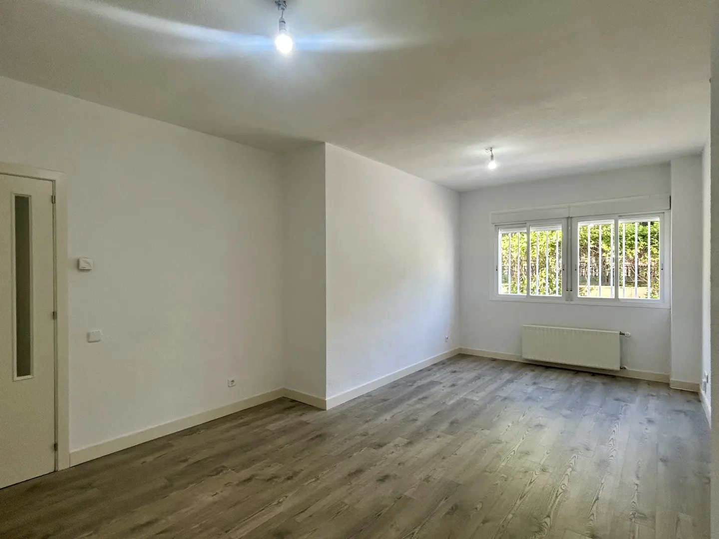 Bright, empty room with gray wood floors, white walls, and a window with white bars. A white door is on the left.