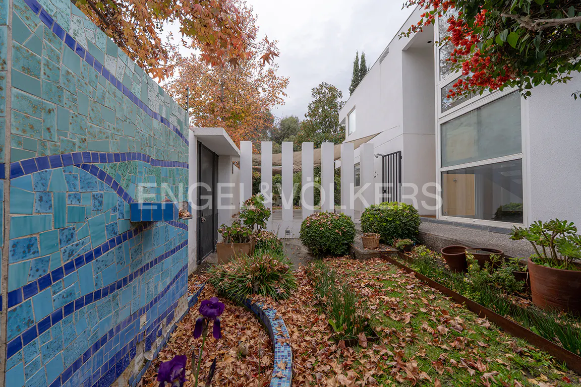 Exterior view of a modern white house with a blue tiled wall and garden with fallen leaves.