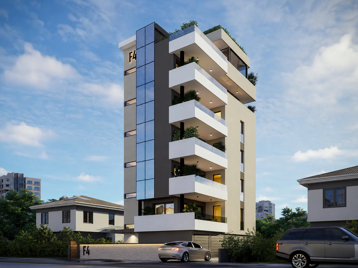 Modern apartment building with white balconies and glass railings. Cars are parked in front of the building. Blue sky background.