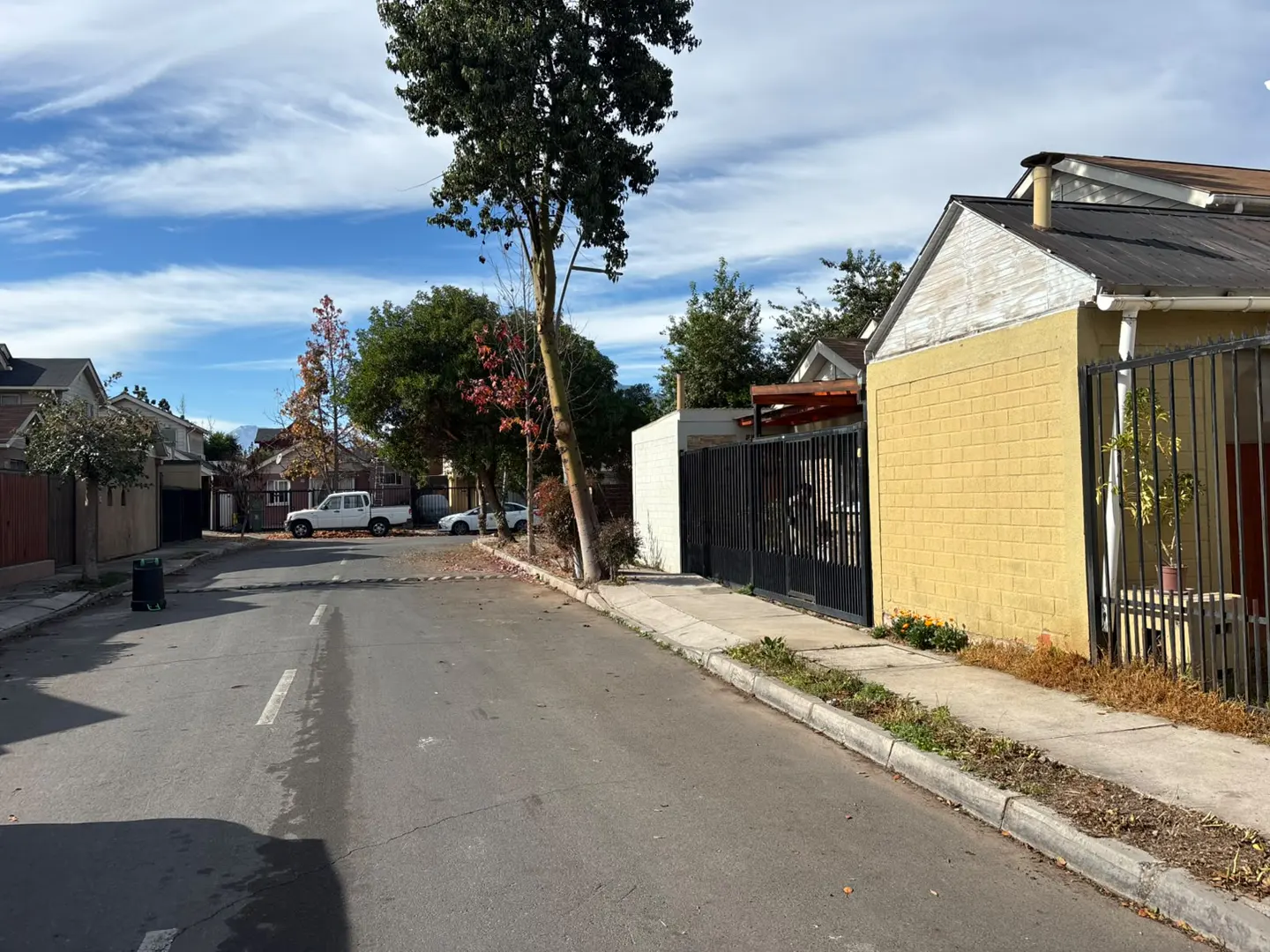 A quiet residential street with a yellow house, black metal fence, tall trees, and parked cars under a blue sky.