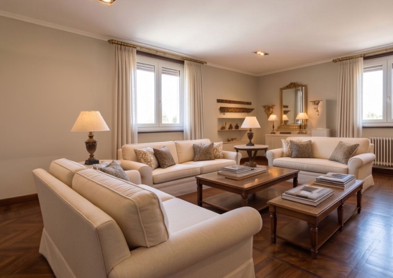 Elegant living room with cream sofas, wooden coffee tables, lamps, and large windows with curtains on hardwood floors. [AI-generated text]