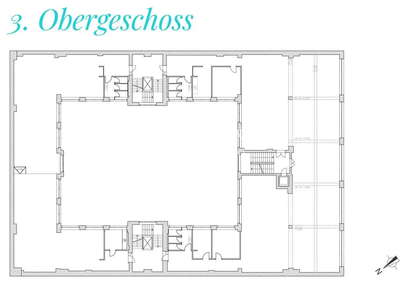 Floor plan of the 3rd floor, featuring rooms, hallways, stairs, and an elevator shaft. The walls are outlined in black.