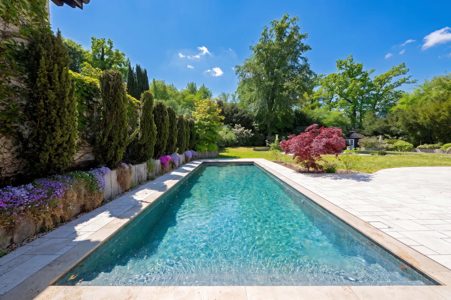 A rectangular swimming pool with turquoise water, surrounded by stone decking, tall hedges, and a vibrant red maple tree.