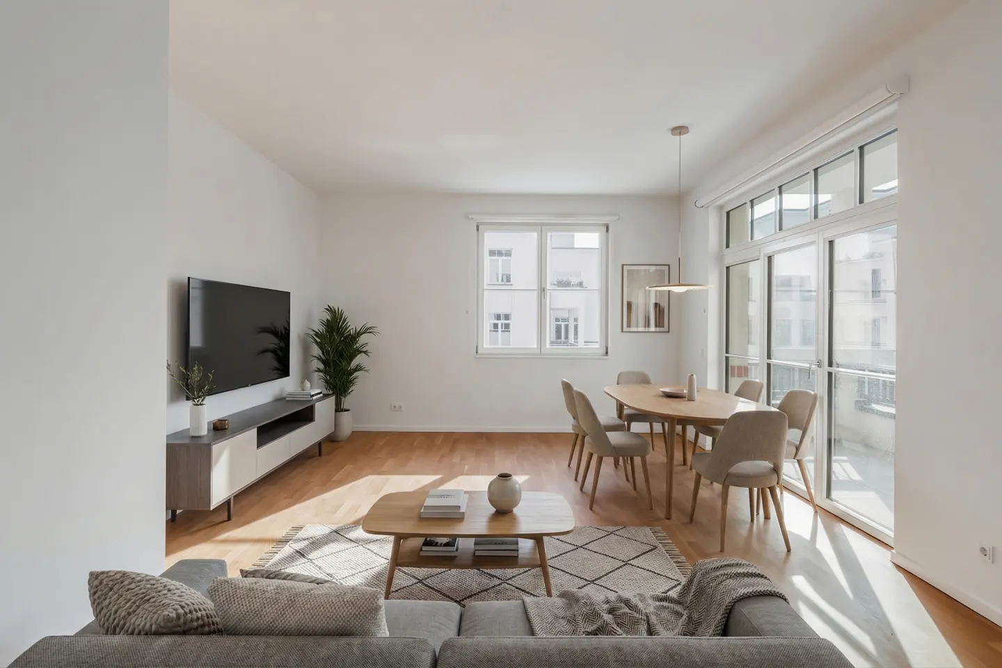 Bright living room with wood floors, a gray sofa, a TV, and a dining table with six chairs. Sunlight streams through large windows.