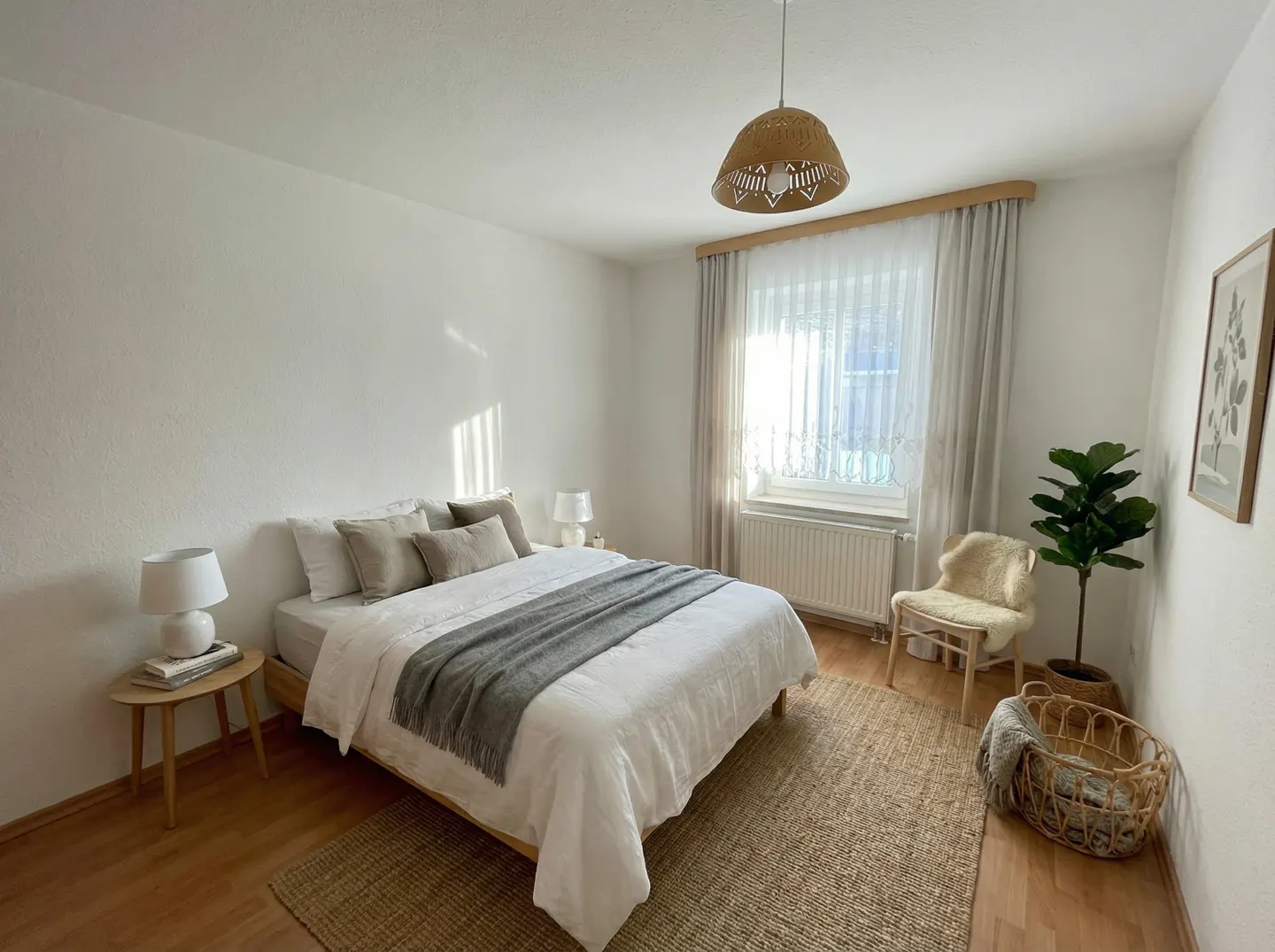 Bright bedroom with white walls, a bed with a gray blanket, a jute rug, and a window with sheer curtains. A fiddle-leaf fig plant sits near a chair.