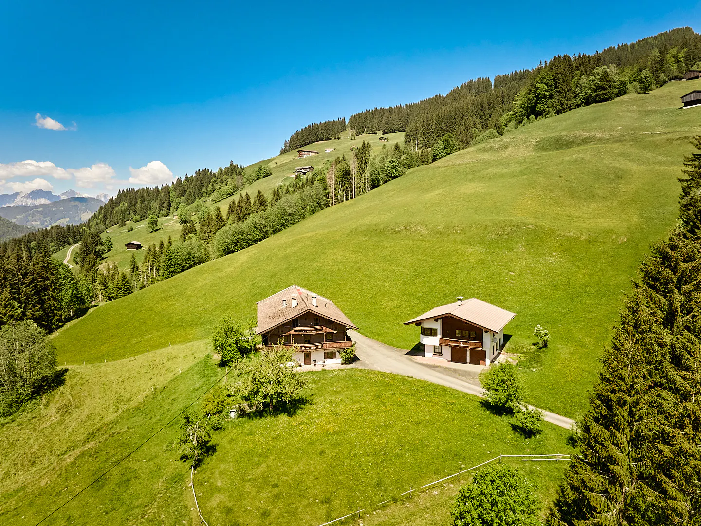 Two houses sit on a green hillside under a blue sky. The houses have brown roofs and white walls. Trees cover the hillside.