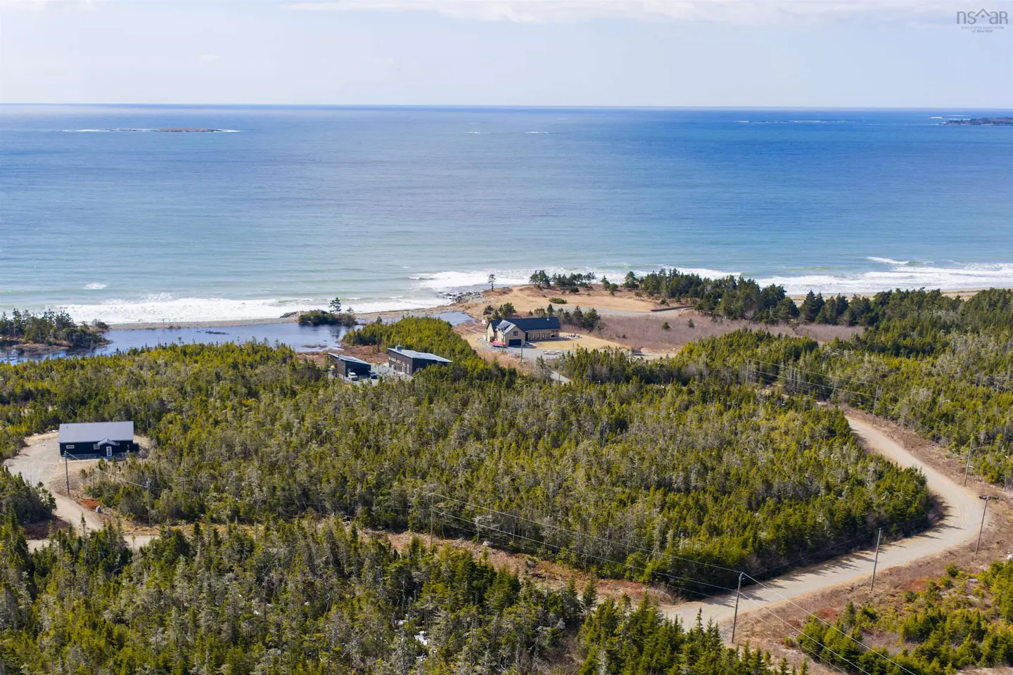 Aerial view of coastal property with modern homes nestled among green trees near a sandy beach and blue ocean.