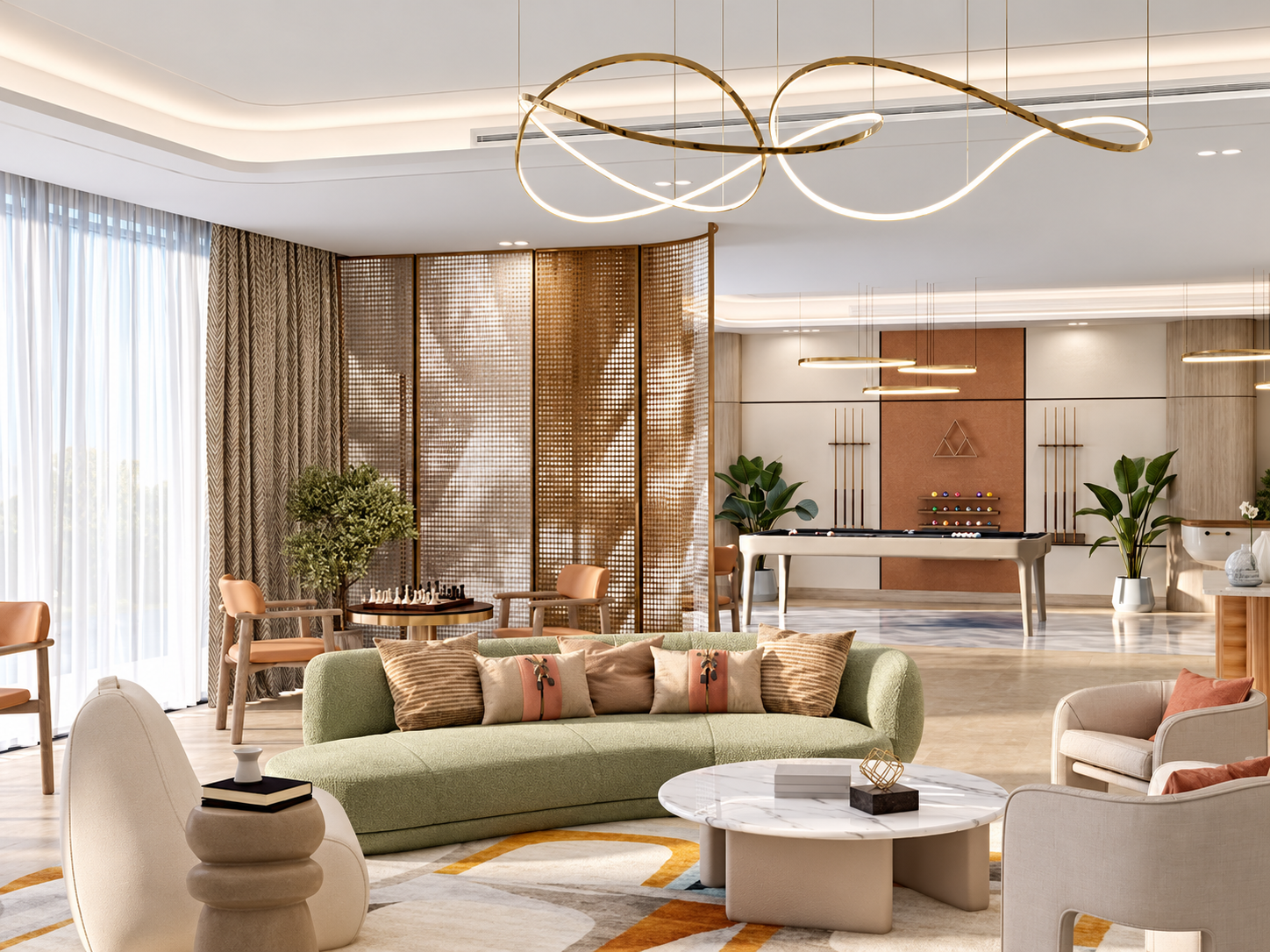 Modern lounge with a curved sage green sofa, marble coffee table, gold sculptural lighting, and a pool table in the background. [AI-generated text]