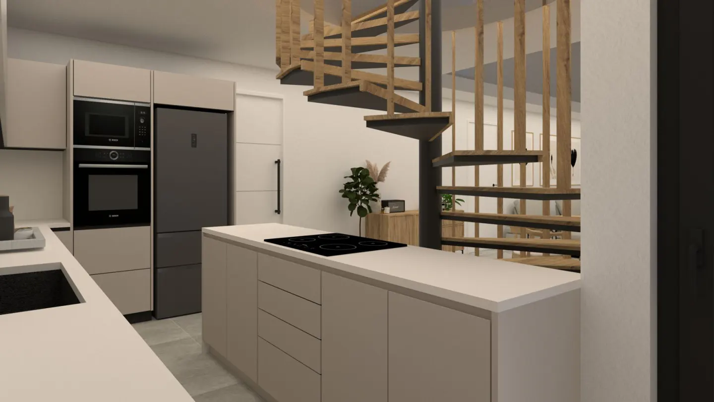 Modern kitchen with beige cabinets, black appliances, and a white countertop island with a black cooktop. A wooden spiral staircase is in the background.