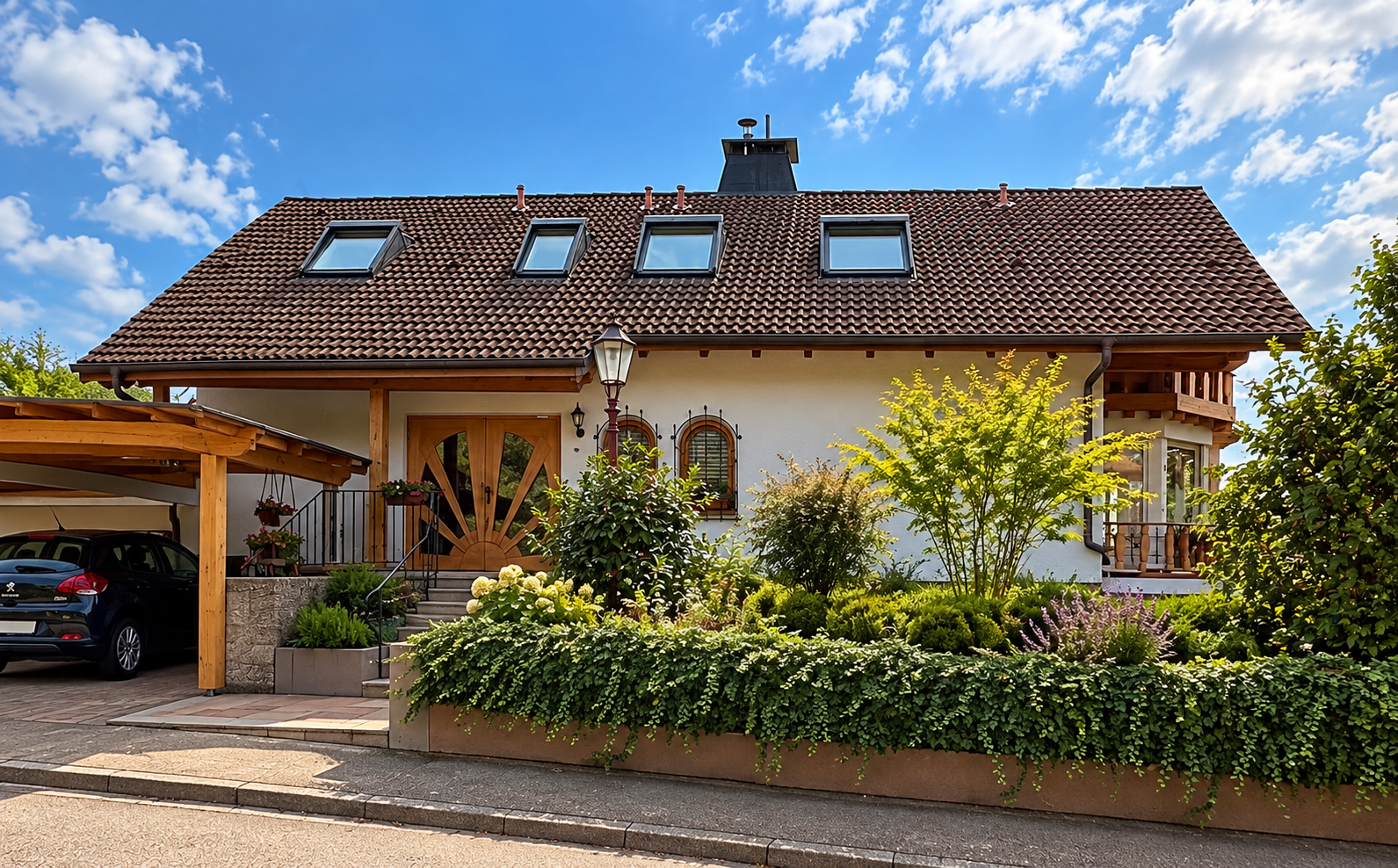 White house with a brown tiled roof, sunburst wooden front door, carport with a car, and lush green garden under blue sky. [AI-generated text]