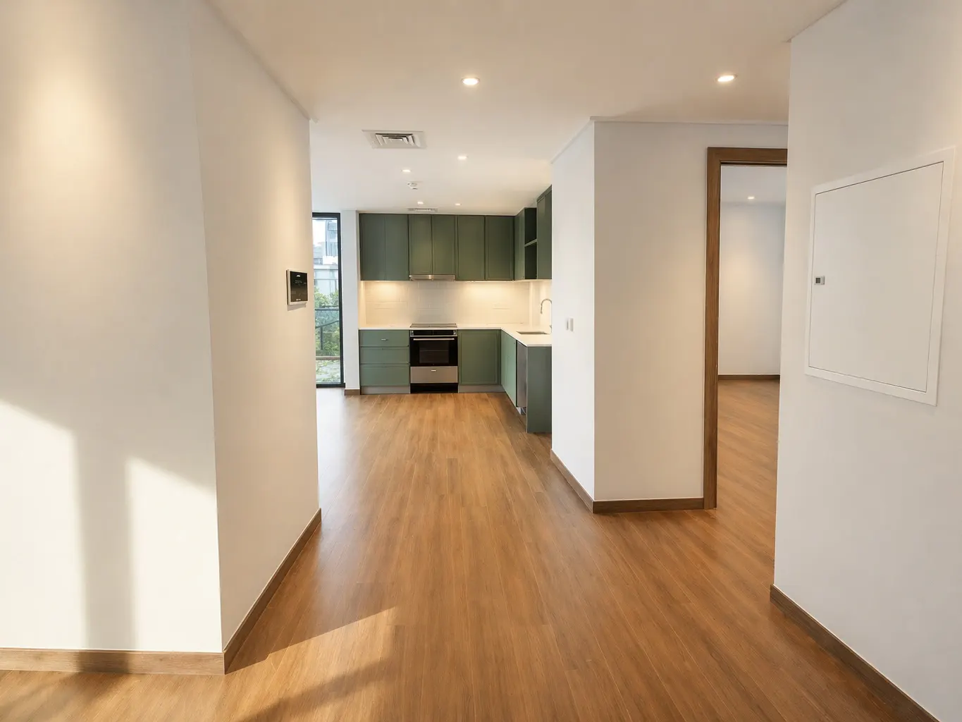 A bright, modern apartment interior with wood floors, white walls, and a green kitchen in the background.