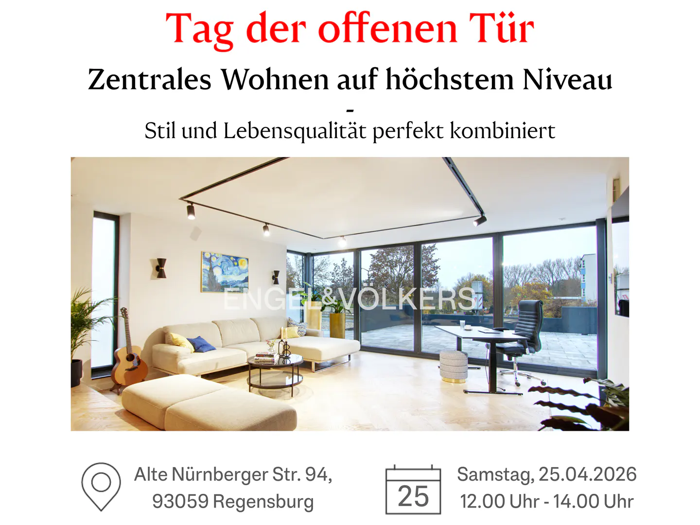 A modern living room with a beige sofa, guitar, and large windows. Engel & Volkers logo is visible on the window.