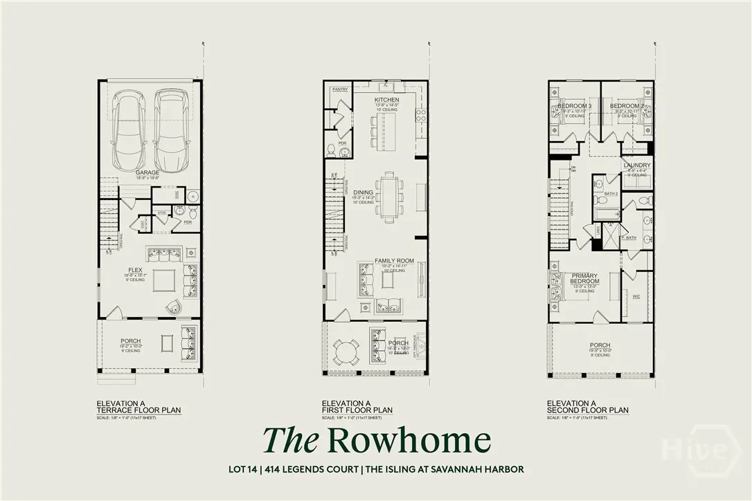 Floor plan for "The Rowhome" at Savannah Harbor. Three levels: terrace, first floor, and second floor. Includes garage, kitchen, bedrooms, and porch.