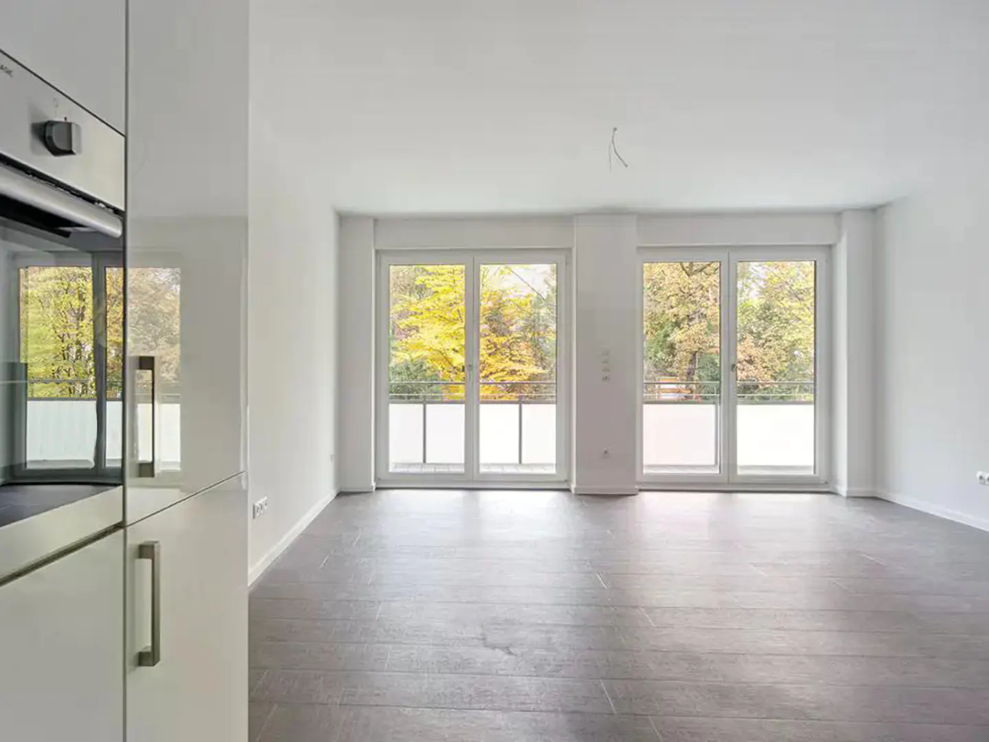 Bright, empty room with gray wood floors and white walls. Two sets of glass doors lead to balconies with trees in the background. A white kitchen cabinet is on the left.