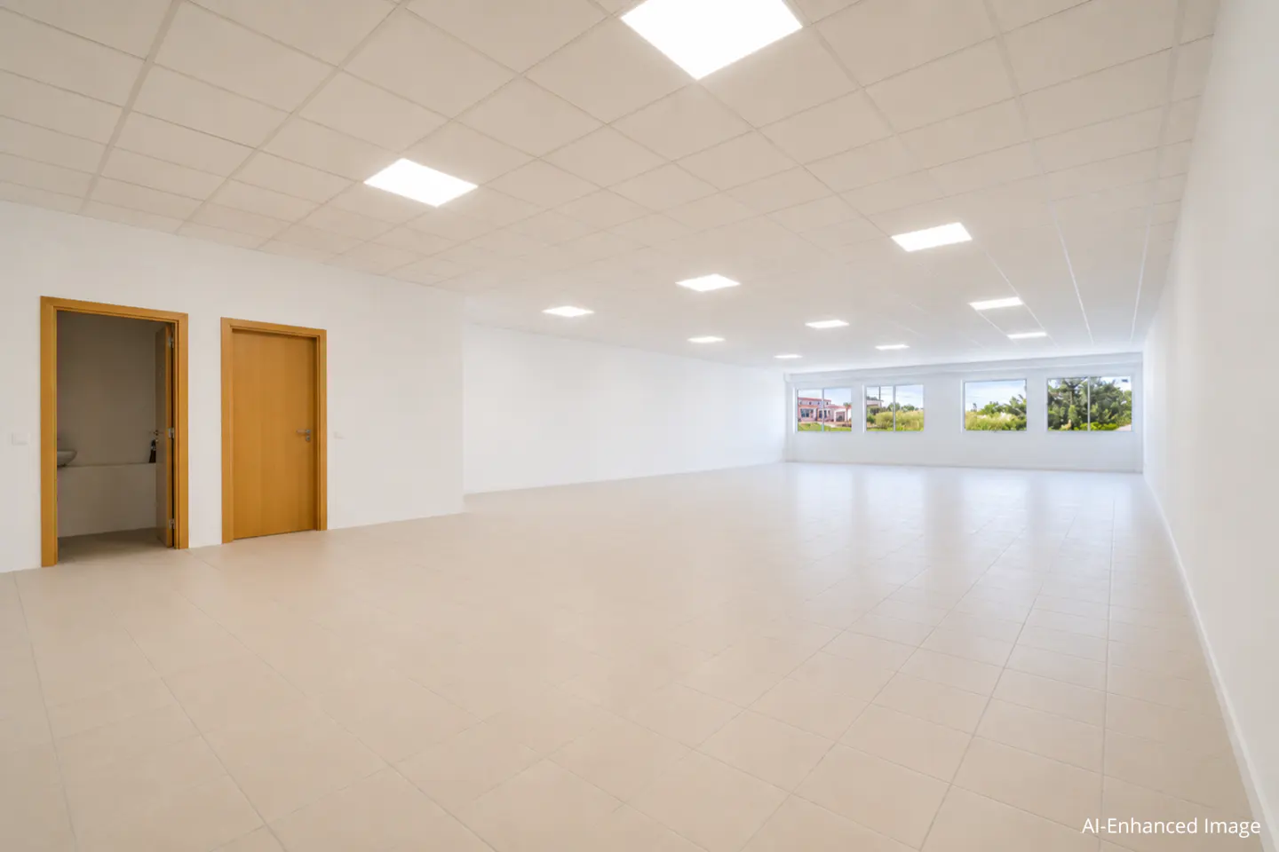 Bright, empty room with white walls, beige tile floor, and square ceiling lights. Two wooden doors on the left, windows showing greenery in the distance.