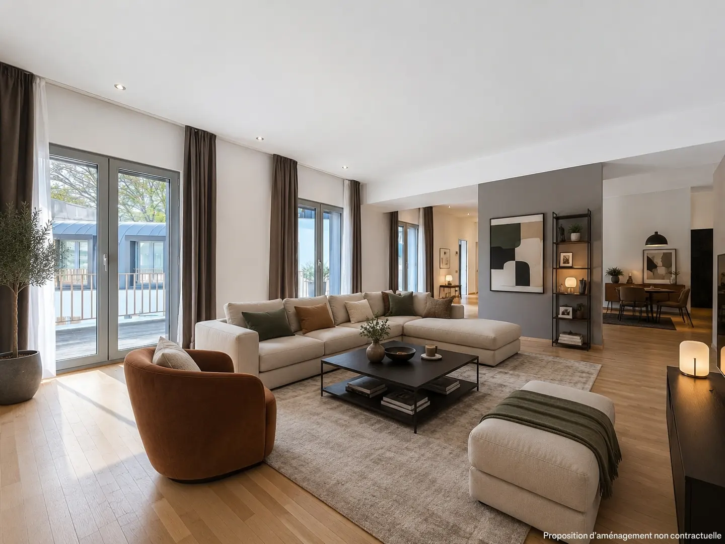 Bright living room with a beige sectional sofa, brown armchair, and black coffee table on a light gray rug. Large windows with brown curtains.