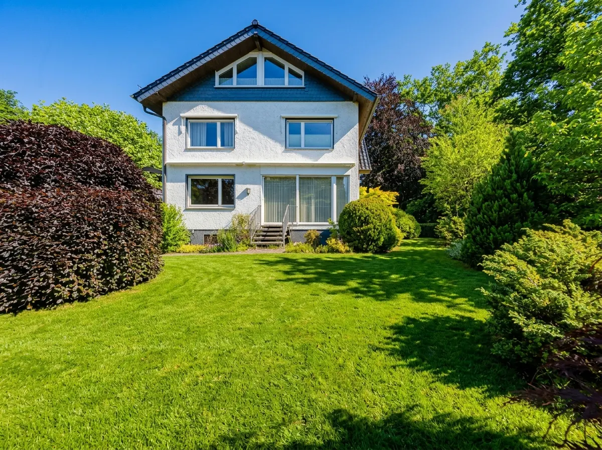 White two-story house with a dark roof and large windows, set in a lush green garden under a clear blue sky.