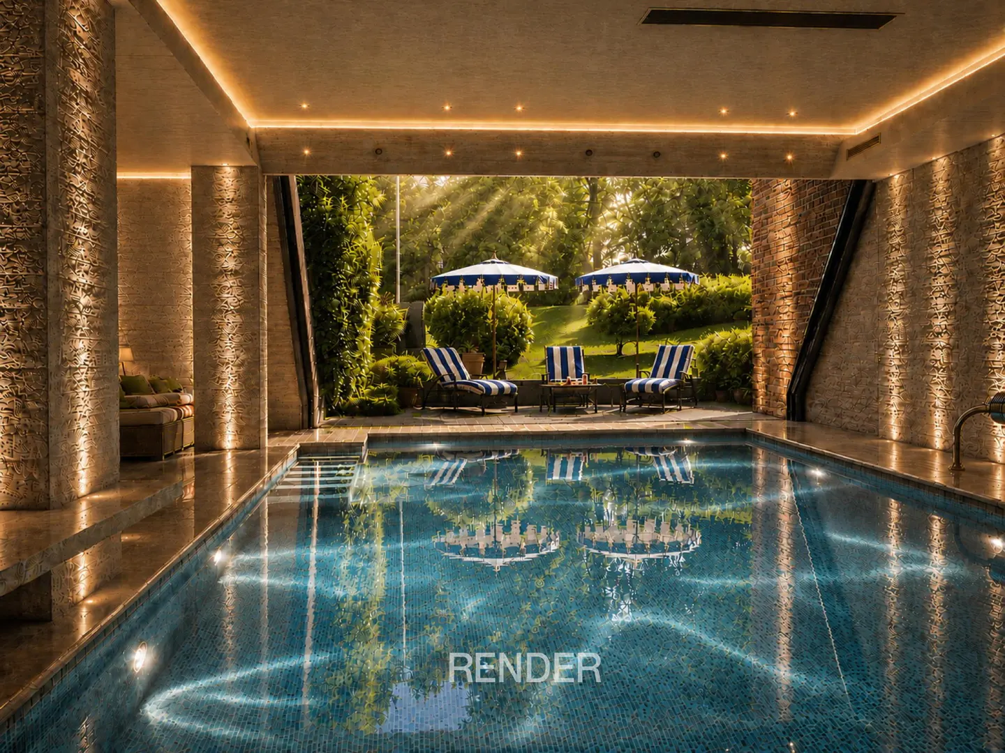 Indoor pool with blue tile, lounge chairs and umbrellas visible through an opening to a green lawn.
