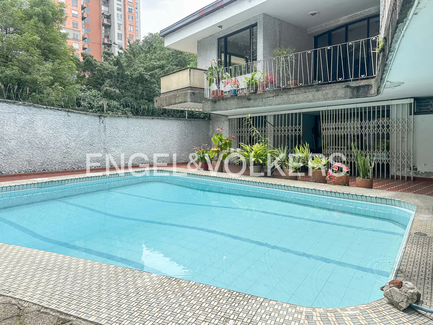 A backyard pool with blue water, surrounded by a tiled deck and plants, with a two-story house in the background.