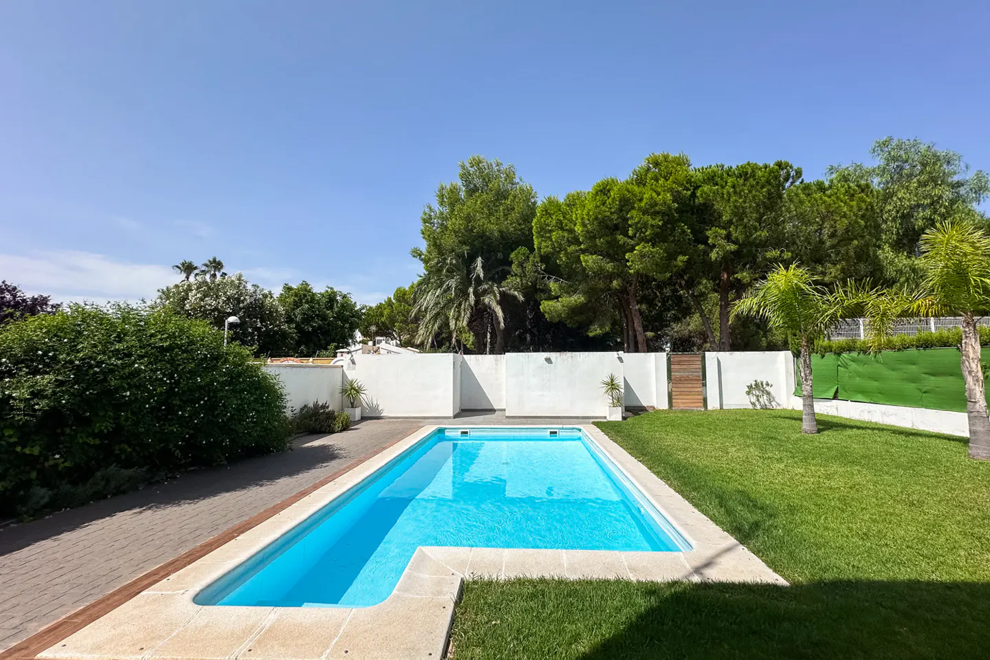 Rectangular swimming pool with bright blue water, surrounded by a green lawn, stone patio, and white walls under a blue sky.