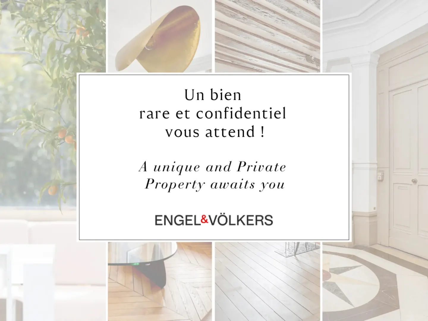 Real estate ad featuring a collage of interior details, including hardwood floors, a modern light fixture, and a tree with oranges.