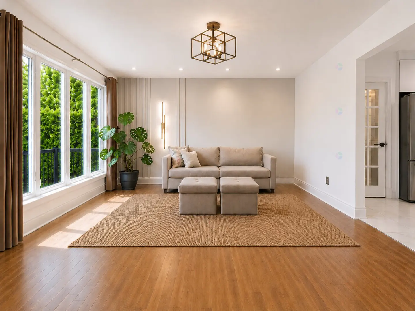 Modern living room with a beige sofa, two ottomans, a jute rug, a large potted plant, and a geometric brass ceiling light.