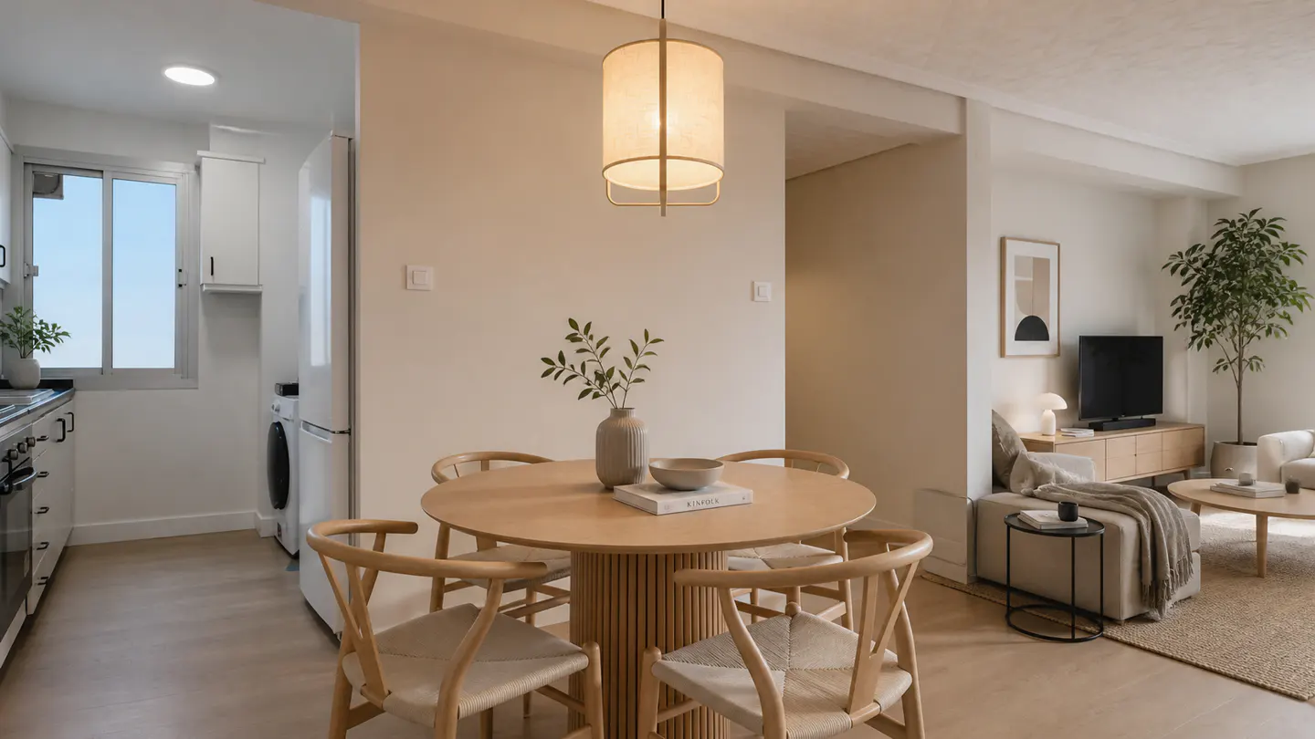 Open-concept apartment with a round wooden table and chairs under a hanging light fixture, adjacent to a kitchen and living area.