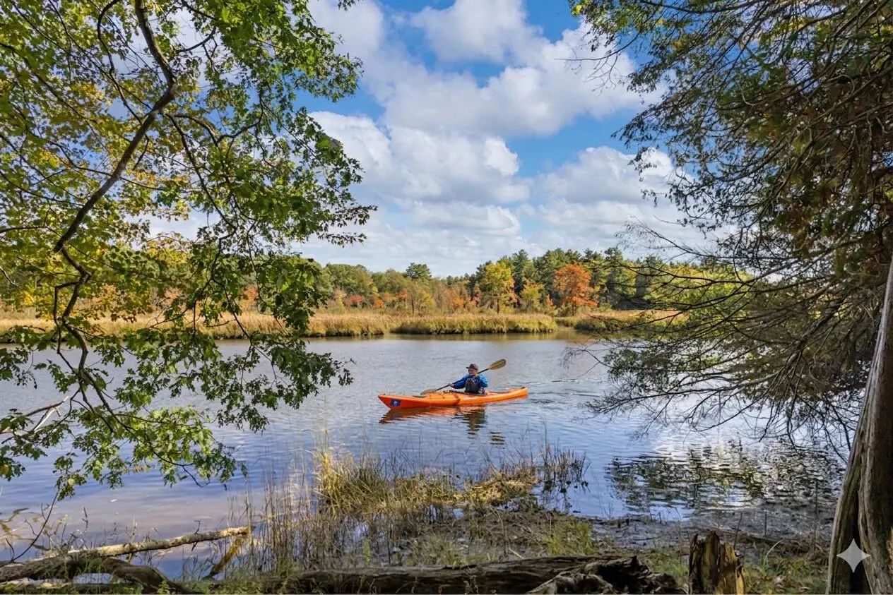 A person kayaks on a river surrounded by fall foliage under a blue, cloudy sky.
