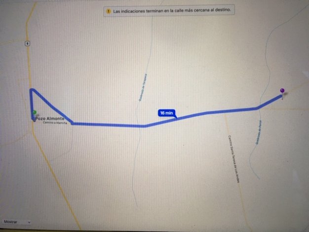 A map showing a 16-minute route from Pozo Almonte to a destination marked with a purple pin.