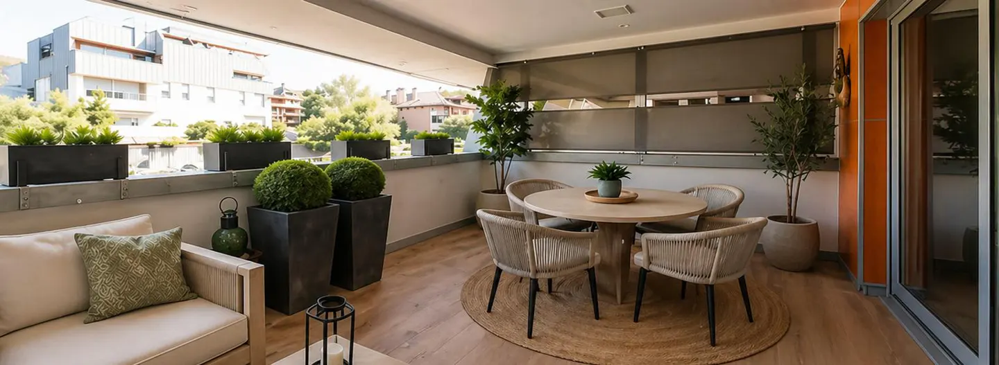 A modern balcony with a round table, four chairs, and a beige sofa with a green pillow. There are plants in pots and a view of buildings.
