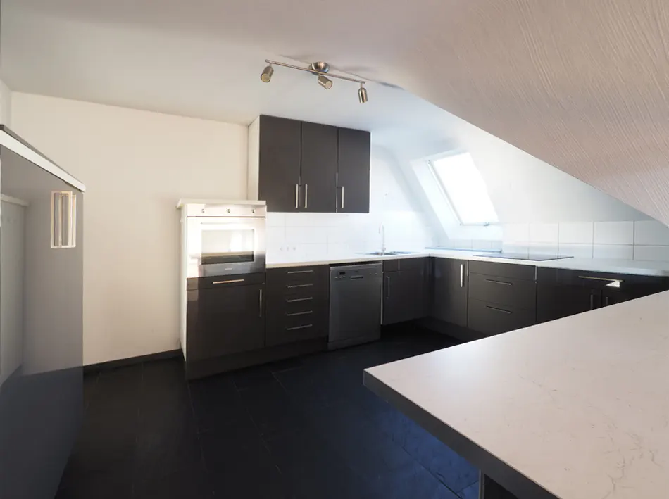 Modern kitchen with dark cabinets, black tile floor, and white countertops. A skylight brightens the space.