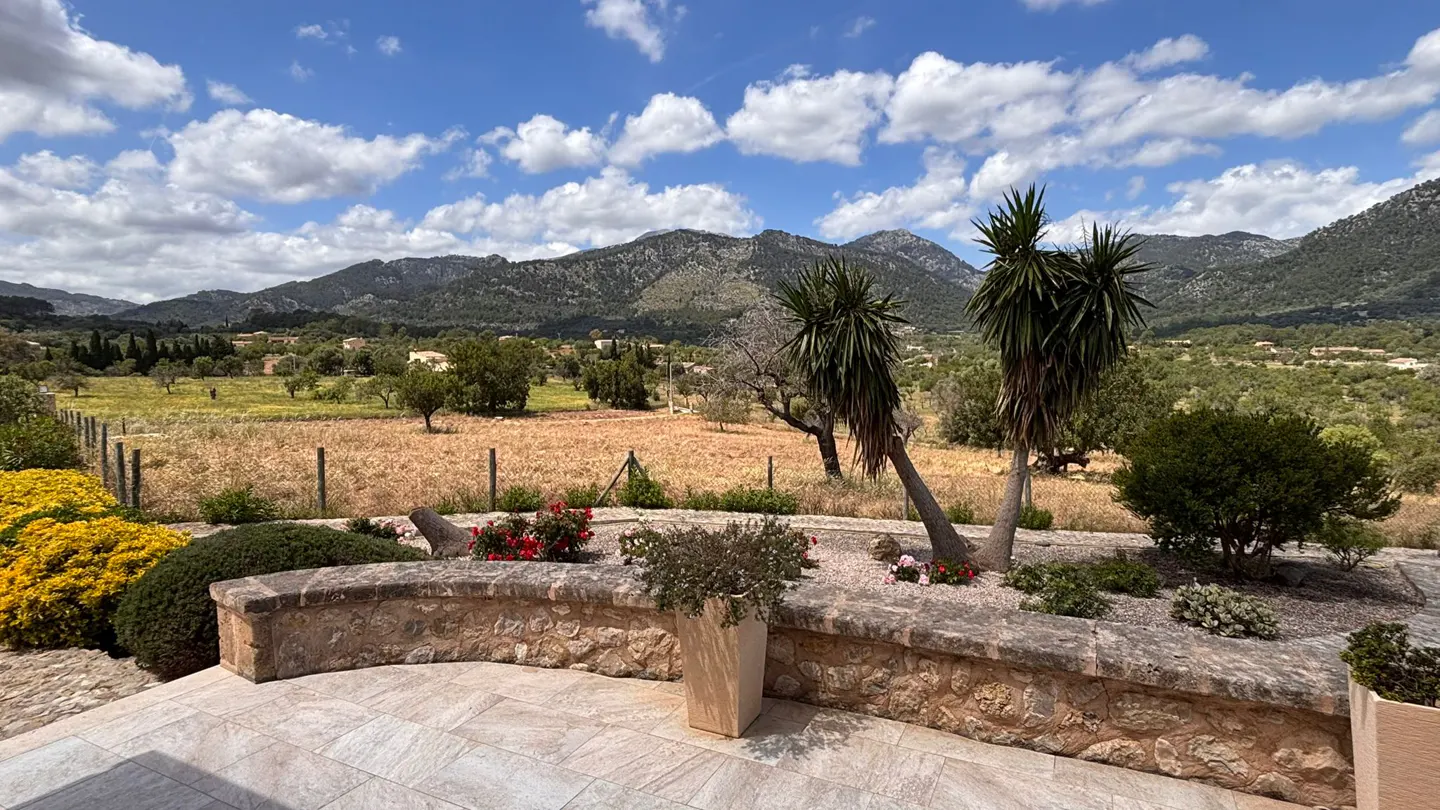 Scenic view from a stone patio with potted plants, overlooking a golden field, trees, and distant mountains under a blue, cloudy sky.