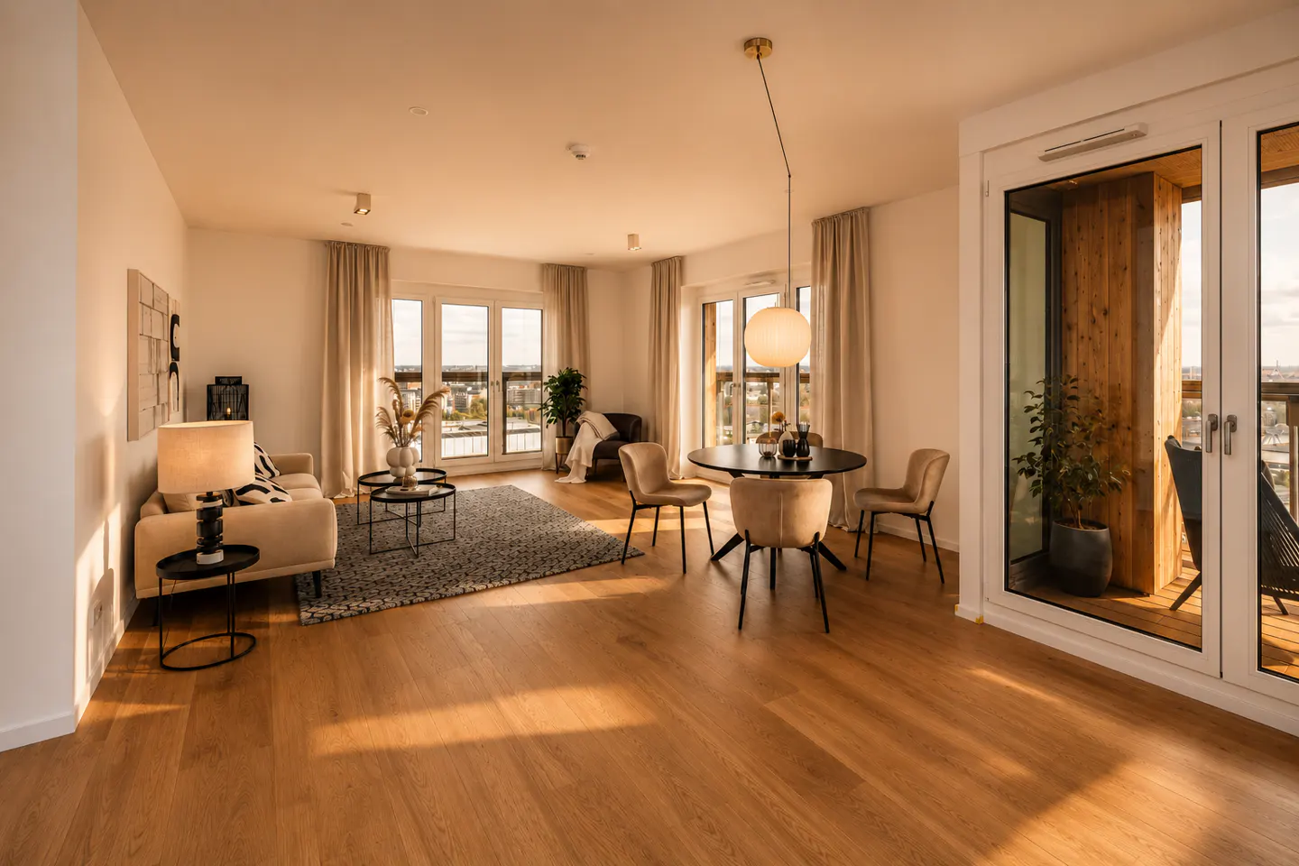 Bright, modern living room with light wood floors, a beige sofa, dining area, and large windows leading to a balcony.
