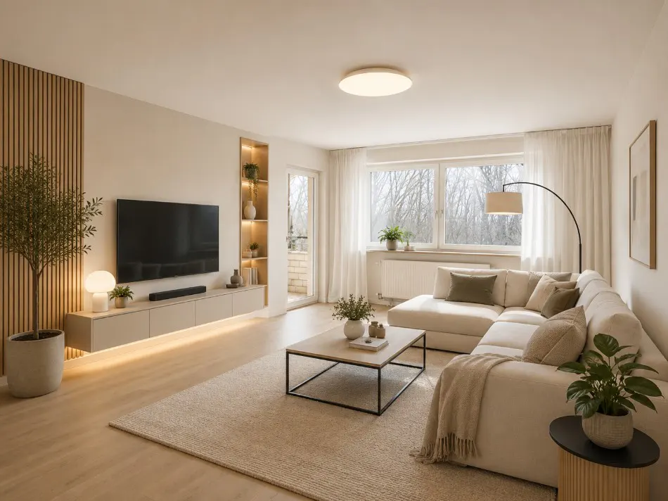Bright living room with a large white sectional sofa, a black-framed coffee table, and a large window.