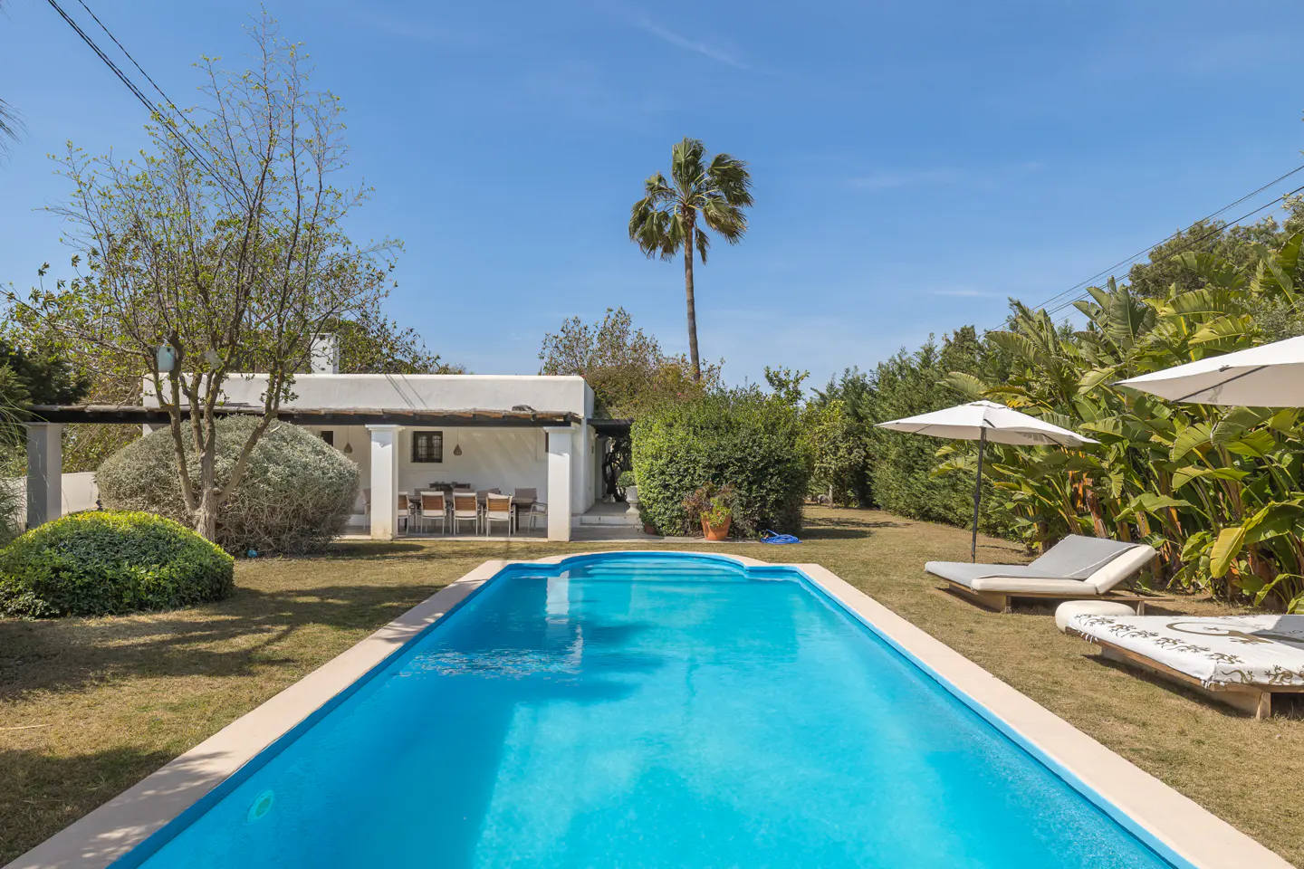 Outdoor pool with turquoise water, surrounded by green grass, lounge chairs, and lush greenery. A white house with a covered patio is in the background.