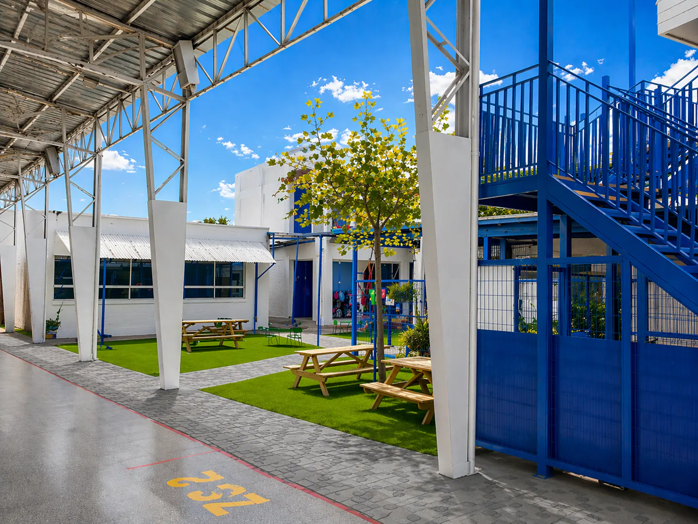 Exterior view of a schoolyard with picnic tables on green turf, blue stairs, and white buildings under a metal awning.