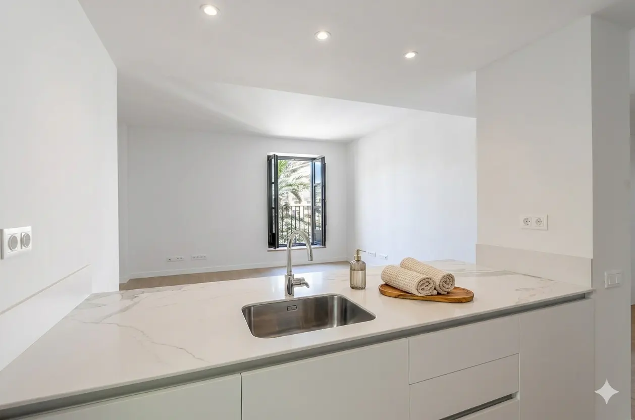 Modern white kitchen with marble countertop, stainless steel sink, and rolled towels, overlooking a bright living area.
