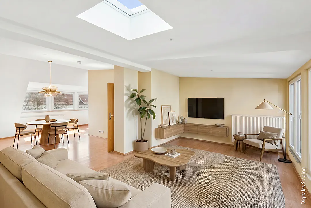 Bright, staged living room with beige sofa, wood coffee table, TV, and dining area under a skylight.