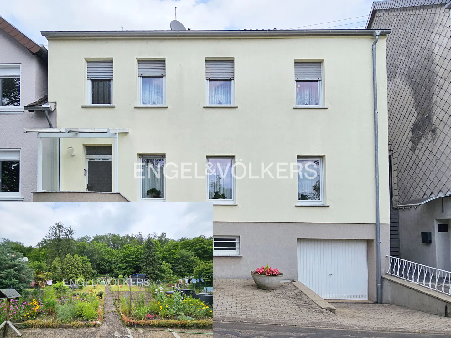Two-story cream house with gray trim, garage, and garden. Windows have gray blinds. Engel & Völkers logo is superimposed.