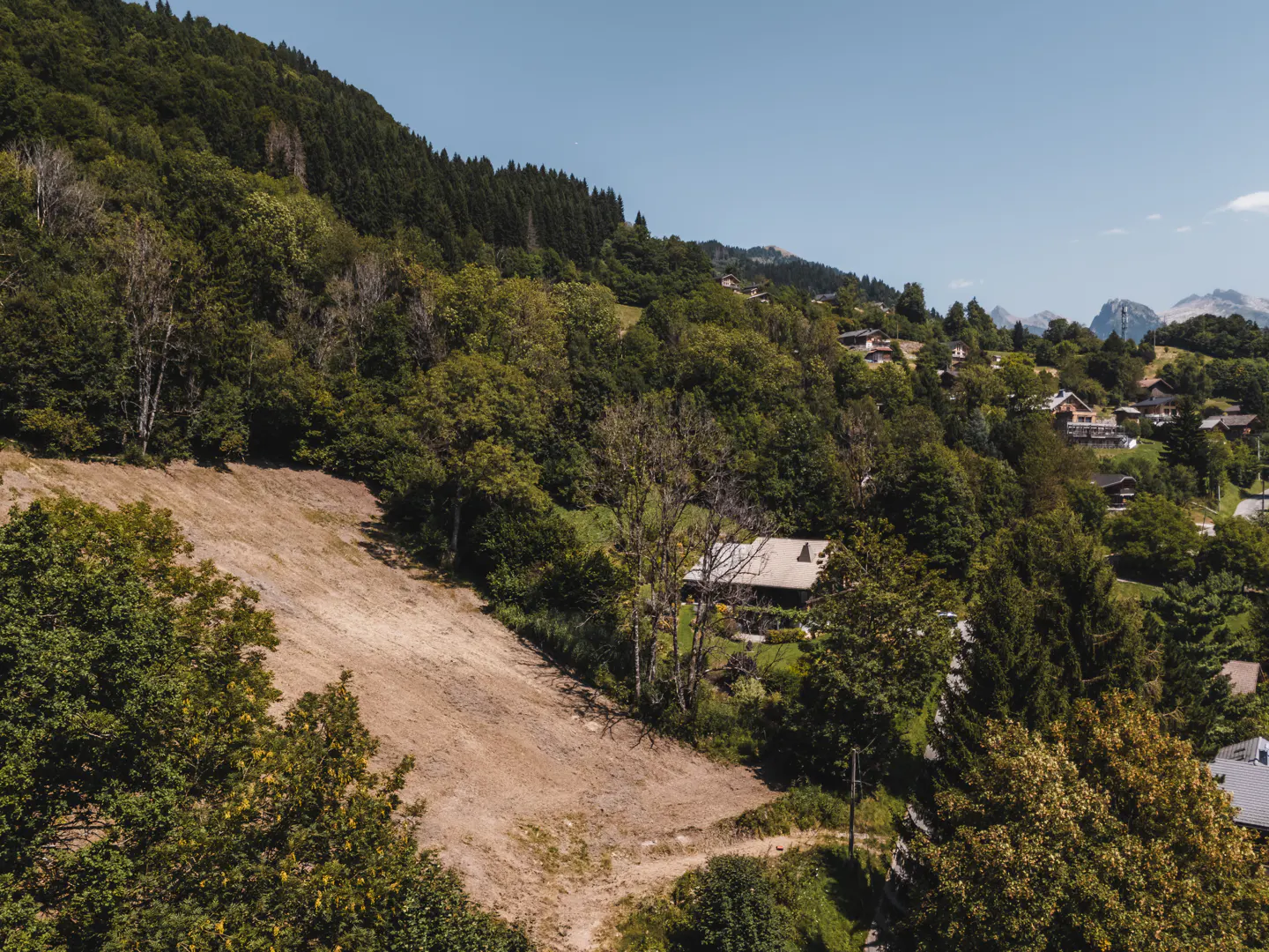 Scenic view of a hillside with lush green trees, a cleared brown patch, and houses nestled among the trees under a clear blue sky.