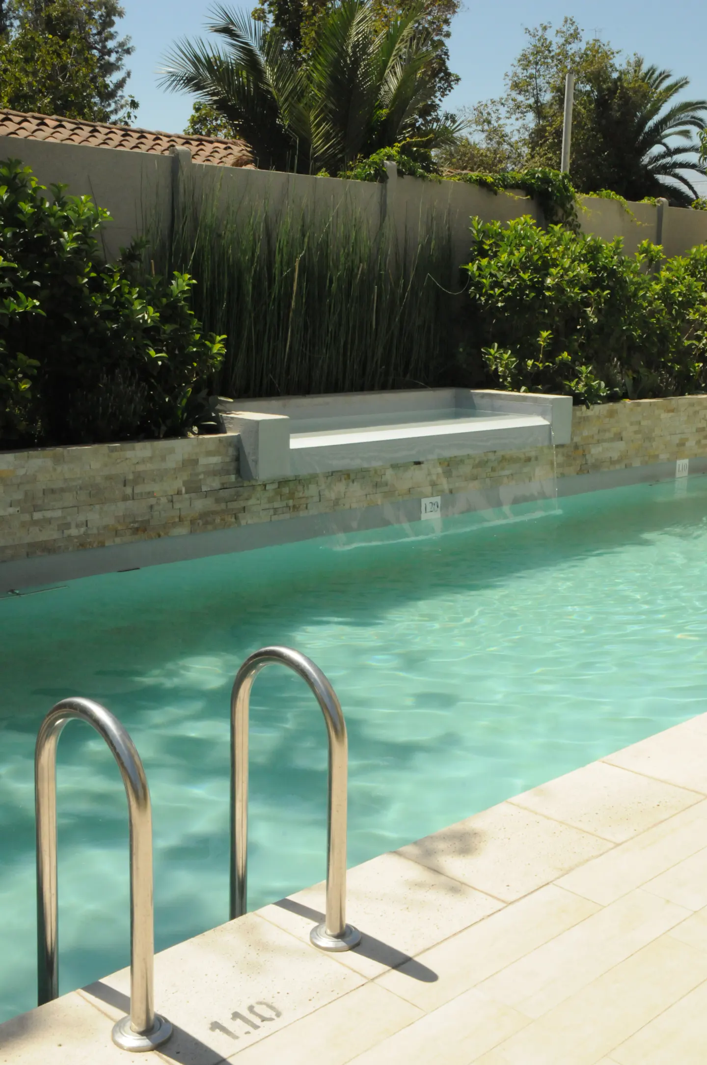 Outdoor pool with turquoise water, metal ladder, and stone tile surround. Green plants and trees in the background.