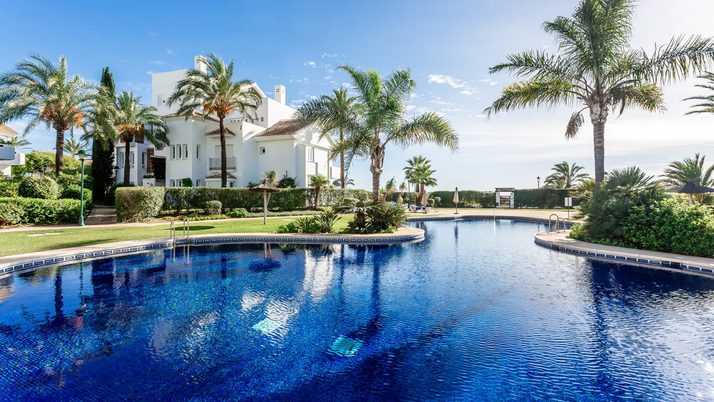 A large, blue, mosaic-tiled pool is surrounded by palm trees and a white building under a bright blue sky.
