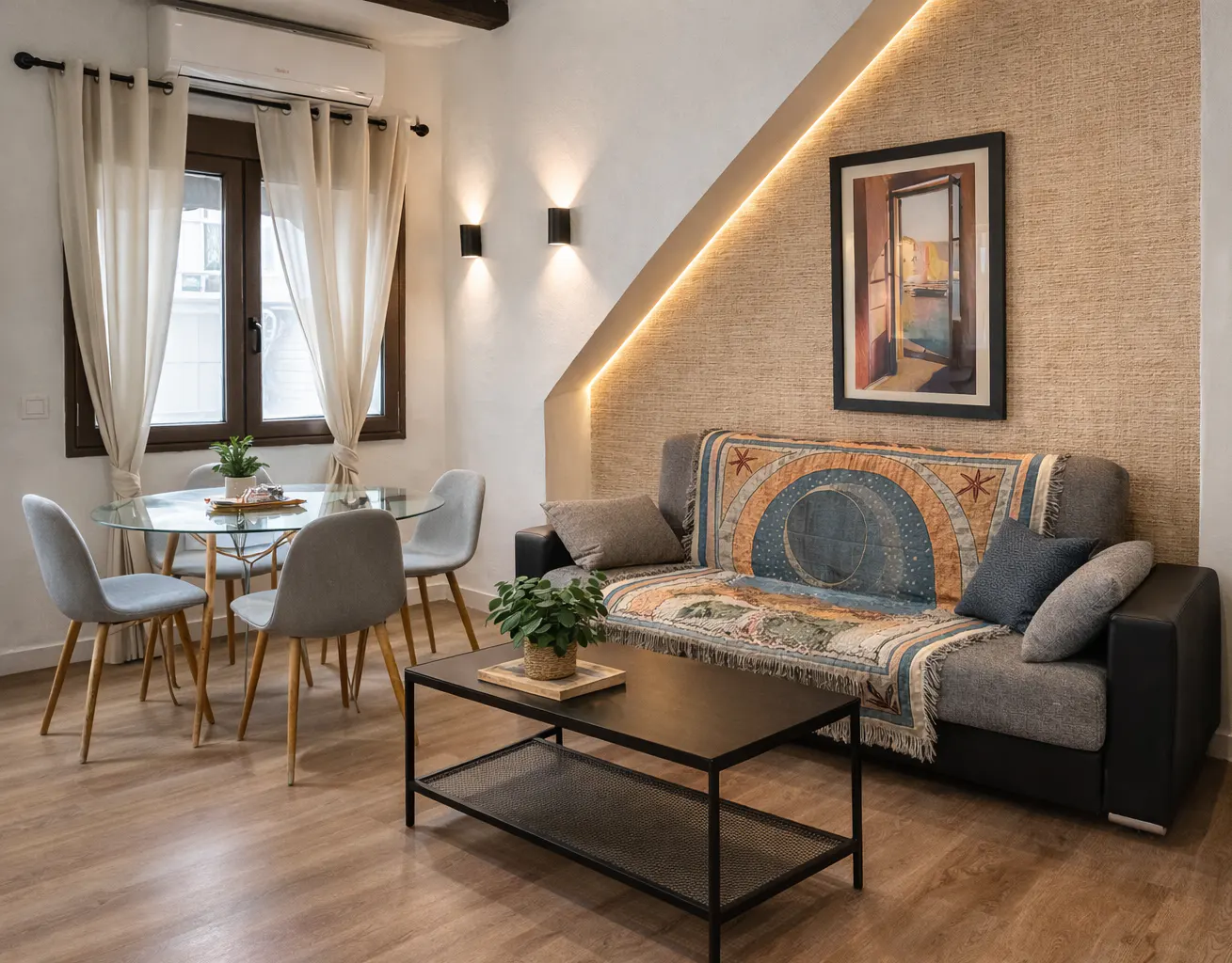 Living room with a glass table, four gray chairs, a gray sofa with a patterned throw, and a black coffee table.