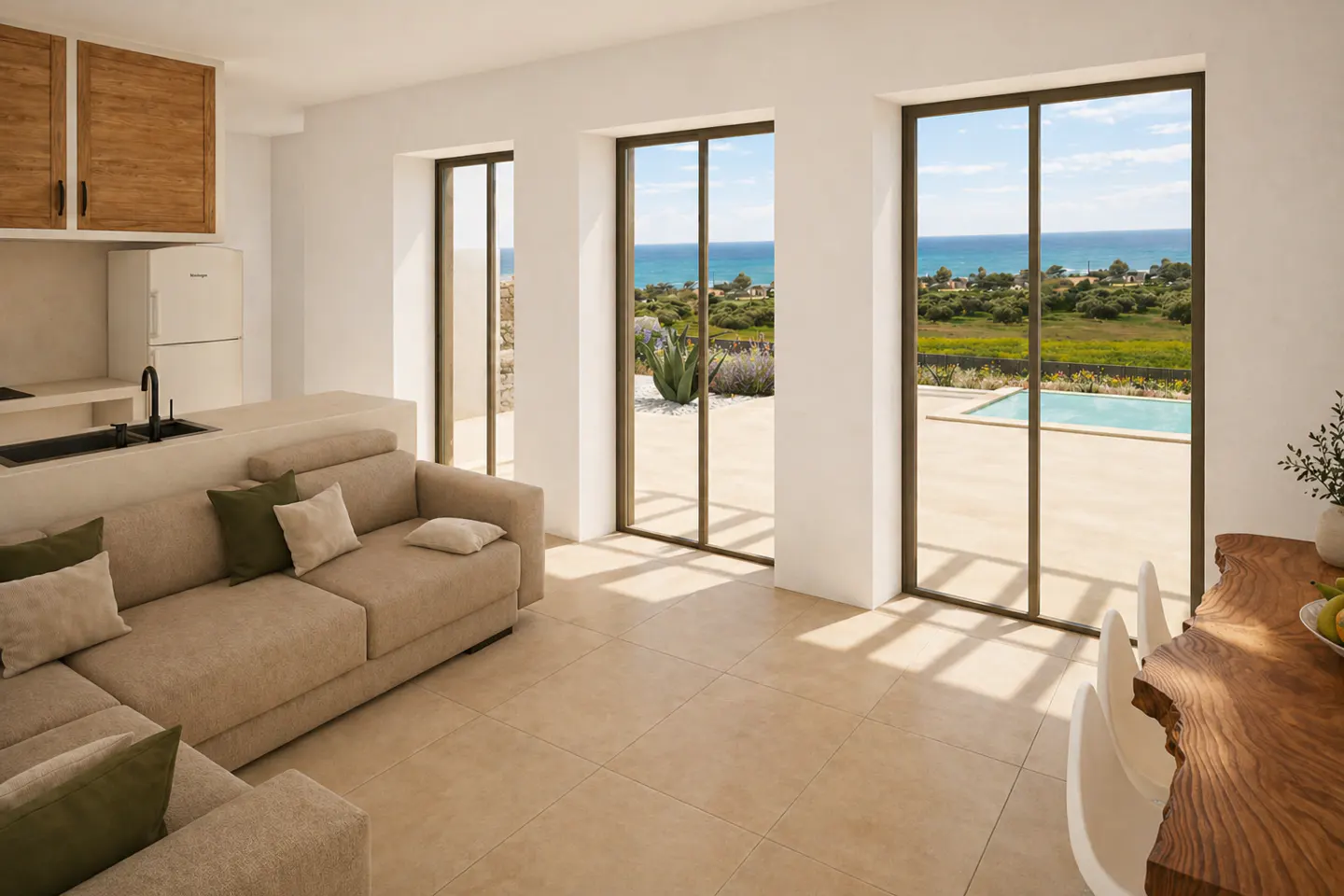 Bright, modern living space with a beige sectional sofa, kitchen, and large windows. Outside, a pool and ocean view are visible.