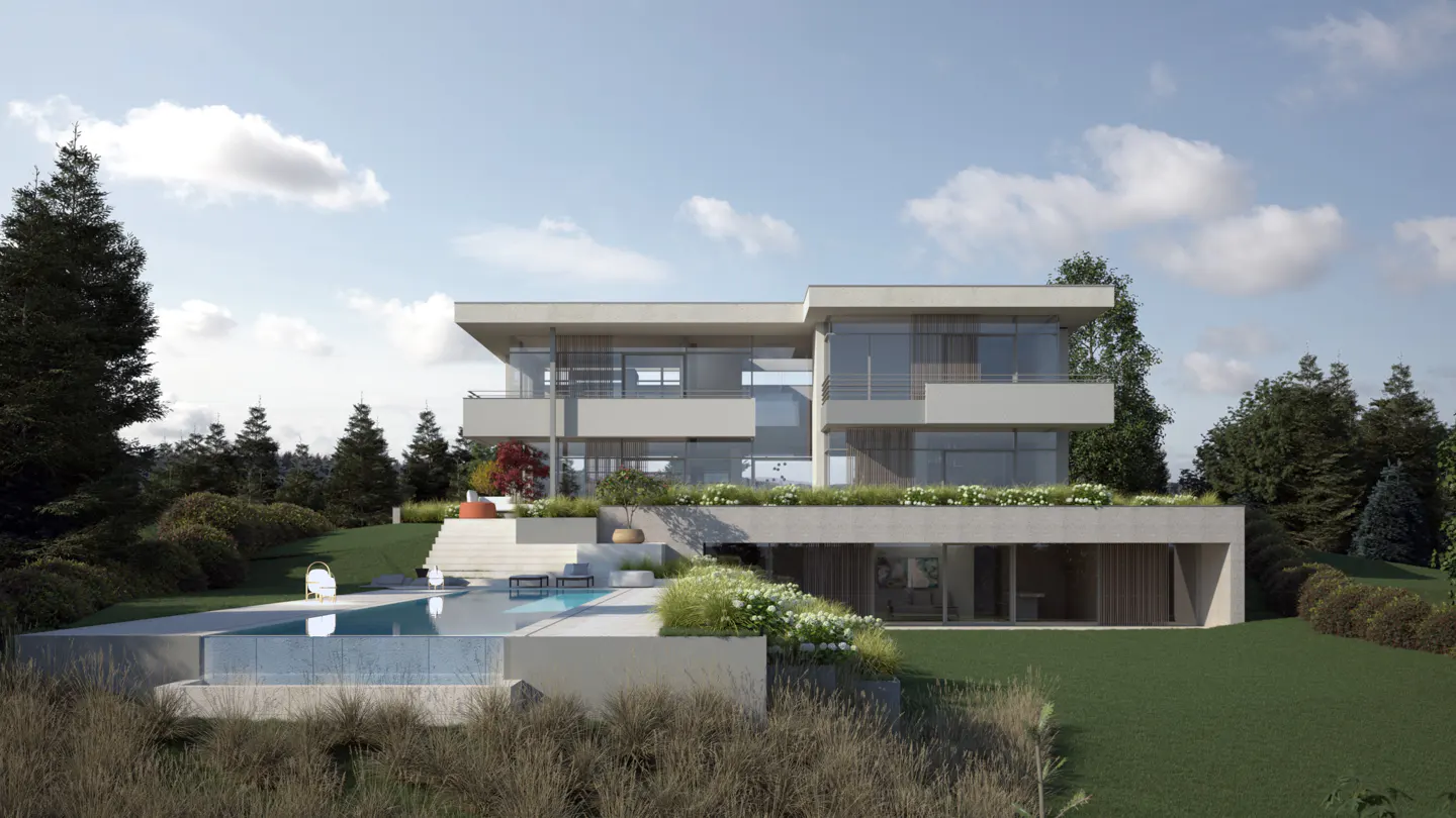 Modern two-story house with a pool. The house is gray with large windows and balconies. The pool is blue and surrounded by grass and flowers.