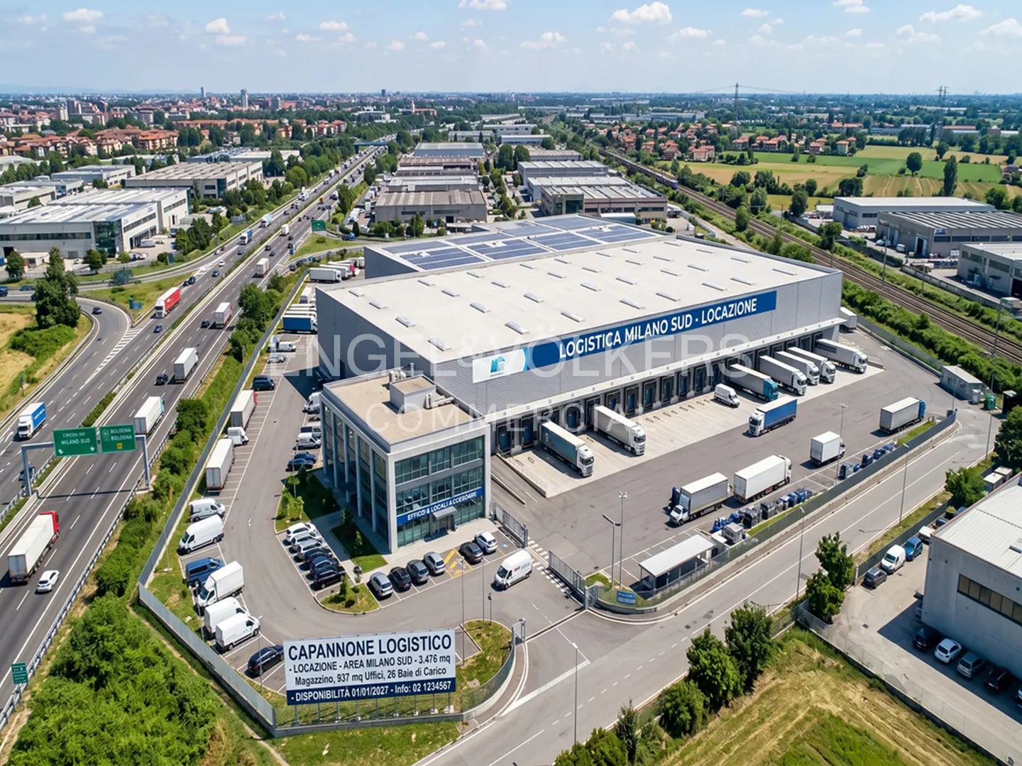 Aerial view of a large, gray logistics warehouse with solar panels, loading docks, and trucks, near a highway and city.