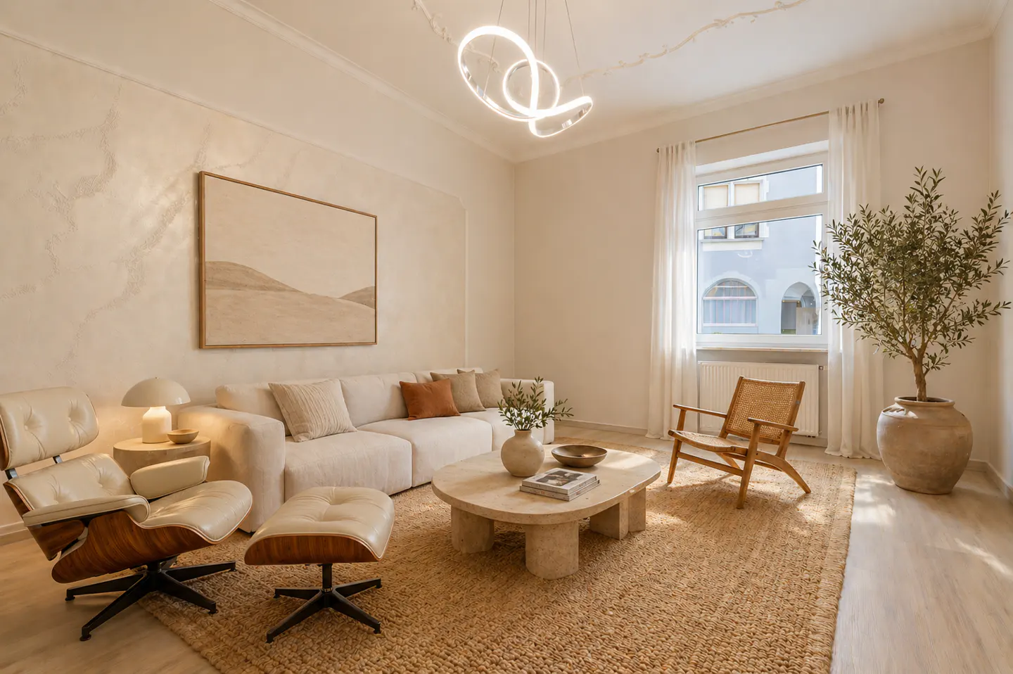Living room with a white sofa, beige rug, and modern lighting. A tan leather chair and ottoman sit near a stone coffee table. A potted tree is by the window.